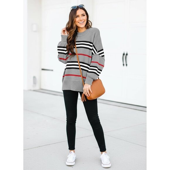 Women's Gray Batwing Long Sleeve Crew Neck Striped Oversized Pullover Sweater - Picture 3 of 3